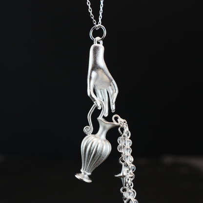 Mythic Hand Holding Vase Necklace with Stars, Vintage Long Pendant, Gothic Statement Jewelry Gift
