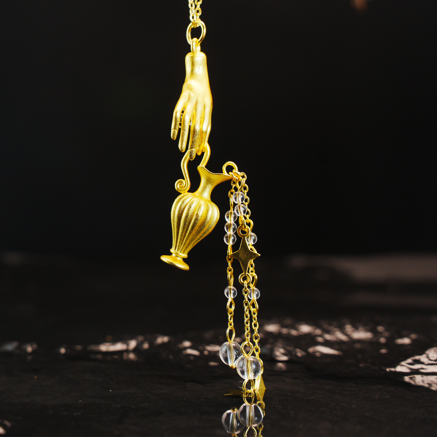 Mythic Hand Holding Vase Necklace with Stars, Vintage Long Pendant, Gothic Statement Jewelry Gift