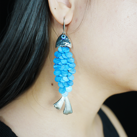 Blue Fish Scale Long Dangle Earrings Ocean Style Statement Jewelry for Summer
