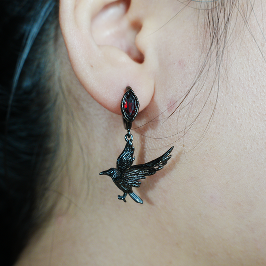 Gothic Raven Earrings with Crimson Gem, Norse Mythology Bird Jewelry, Witchy Pagan Gift