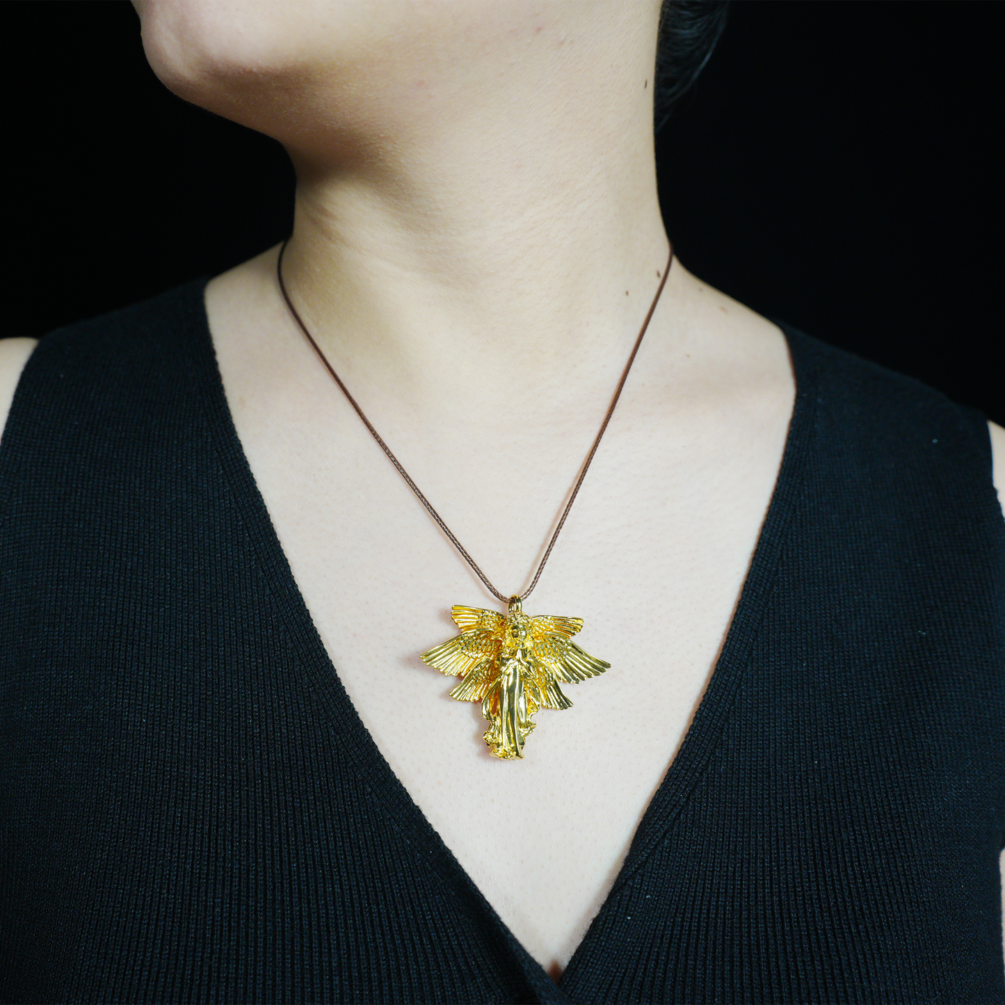 Golden Guardian Angel Pendant, Vintage Winged Angel Necklace, Gothic Religious Jewelry