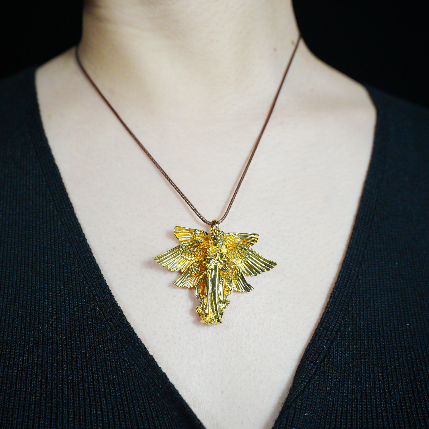 Golden Guardian Angel Pendant, Vintage Winged Angel Necklace, Gothic Religious Jewelry