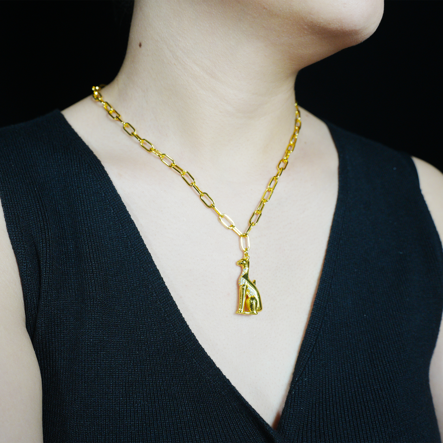 Egyptian Cat Goddess Pendant Necklace Vintage Gold with Crystal Lux Statement Jewelry