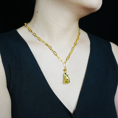Egyptian Cat Goddess Pendant Necklace Vintage Gold with Crystal Lux Statement Jewelry