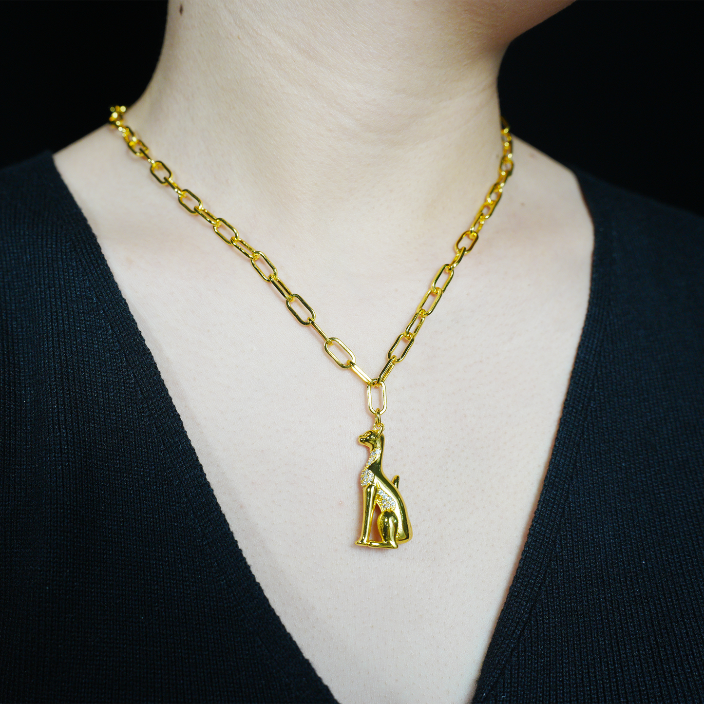 Egyptian Cat Goddess Pendant Necklace Vintage Gold with Crystal Lux Statement Jewelry