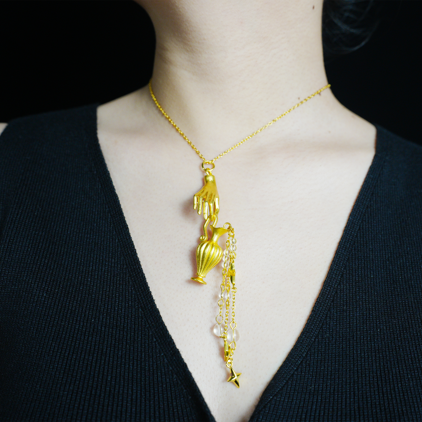 Mythic Hand Holding Vase Necklace with Stars, Vintage Long Pendant, Gothic Statement Jewelry Gift