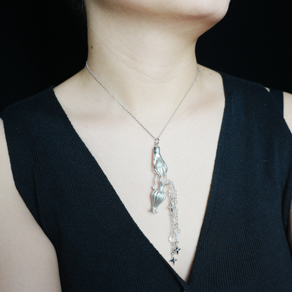 Mythic Hand Holding Vase Necklace with Stars, Vintage Long Pendant, Gothic Statement Jewelry Gift