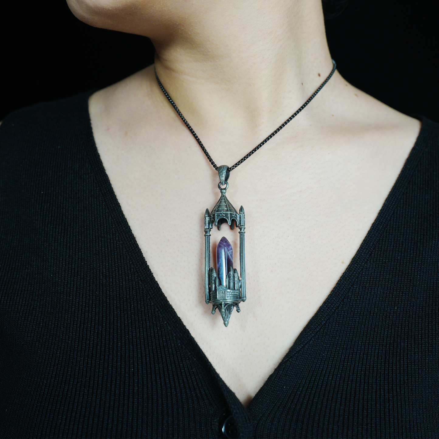 Gothic Cathedral Crystal Pendant Necklace, Medieval Fantasy Jewelry for Protection & Power