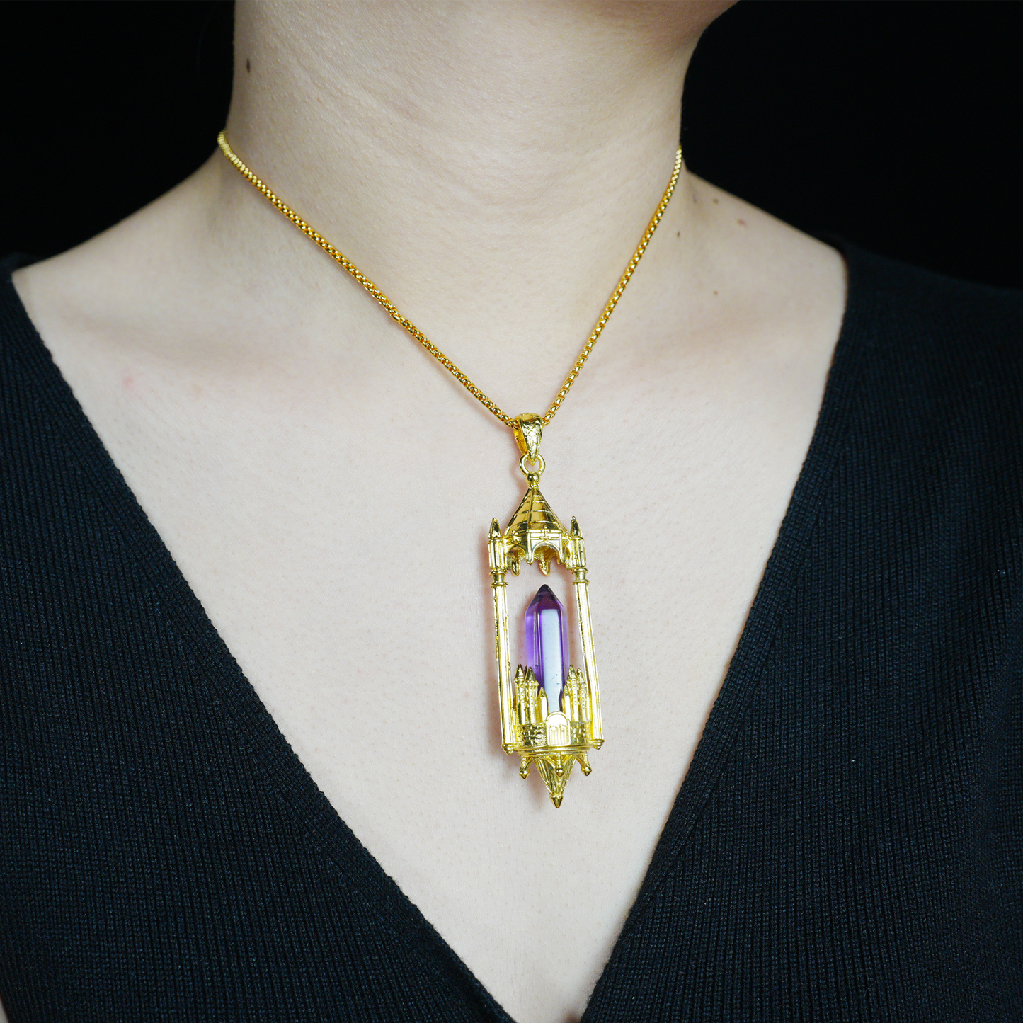 Gothic Cathedral Crystal Pendant Necklace, Medieval Fantasy Jewelry for Protection & Power