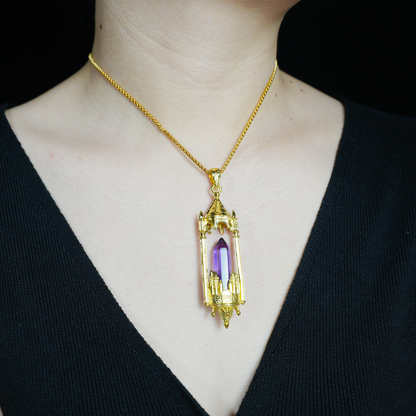 Gothic Cathedral Crystal Pendant Necklace, Medieval Fantasy Jewelry for Protection & Power
