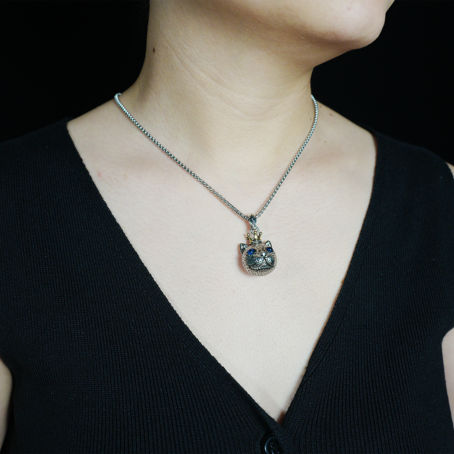 Gothic Royal Cat Pendant, Blue-Eyed Crowned Cat Necklace, Fantasy Animal Jewelry