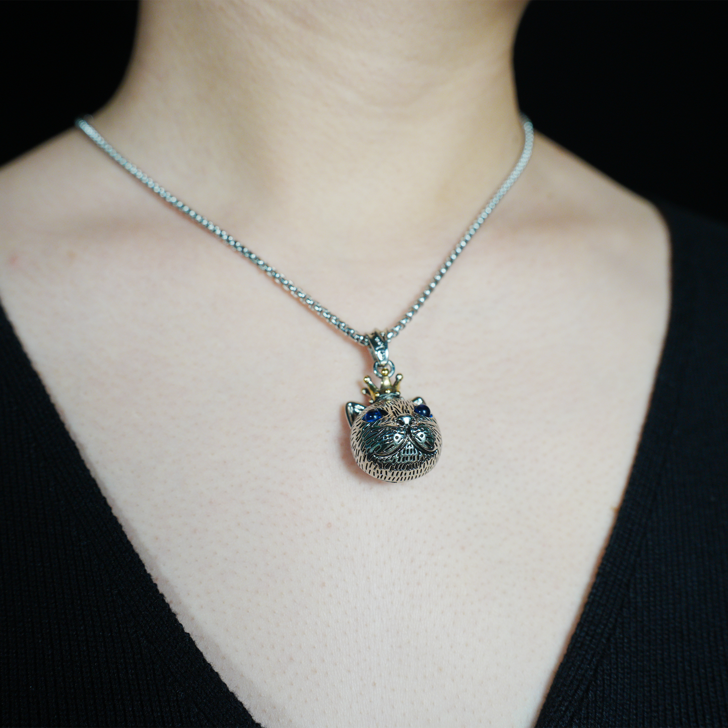 Gothic Royal Cat Pendant, Blue-Eyed Crowned Cat Necklace, Fantasy Animal Jewelry