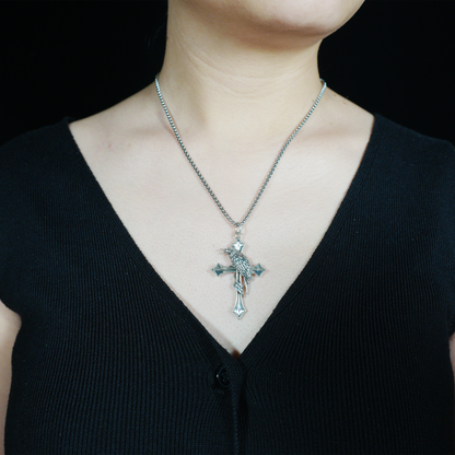 Raven & Cross Gothic Pendant, Dark Gothic brass Necklace, Symbol of Fate & Mystery
