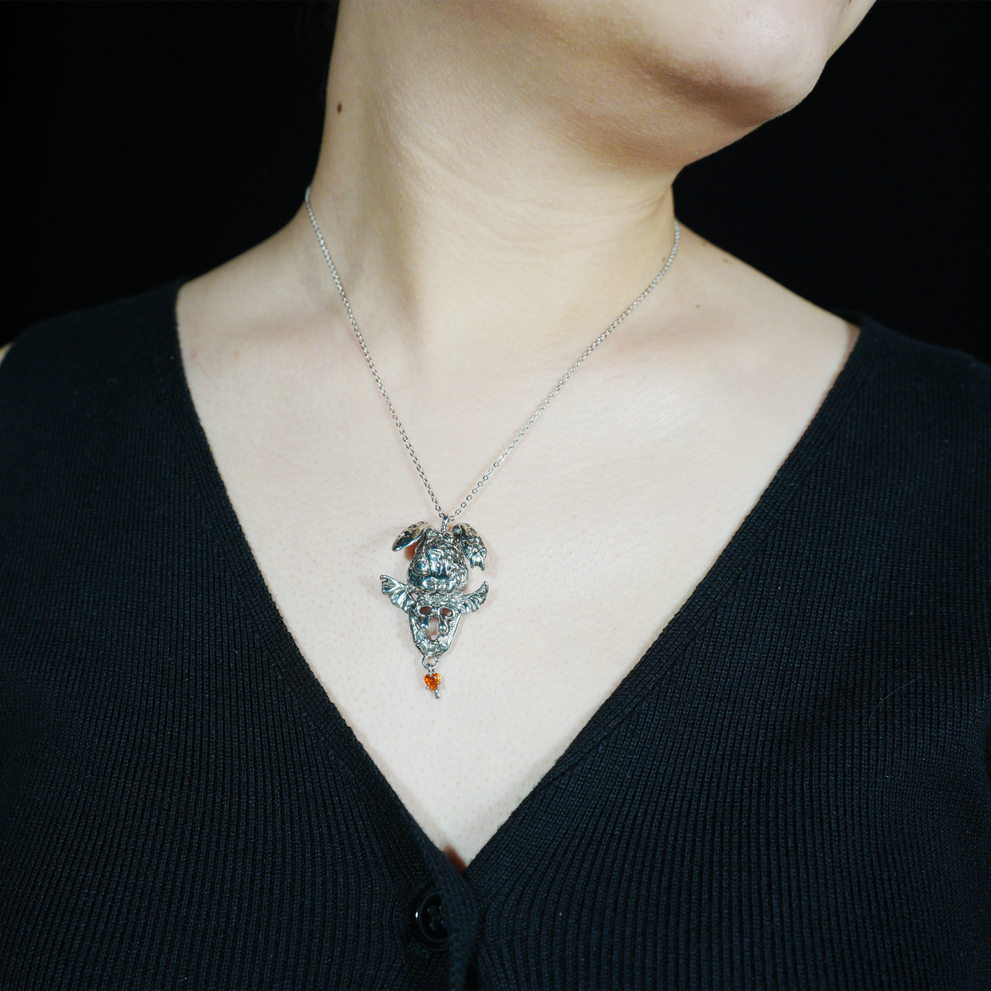Gothic Winged Bunny Pendant, Orange Heart Gem Fantasy Rabbit Necklace, Gothic Animal Jewelry