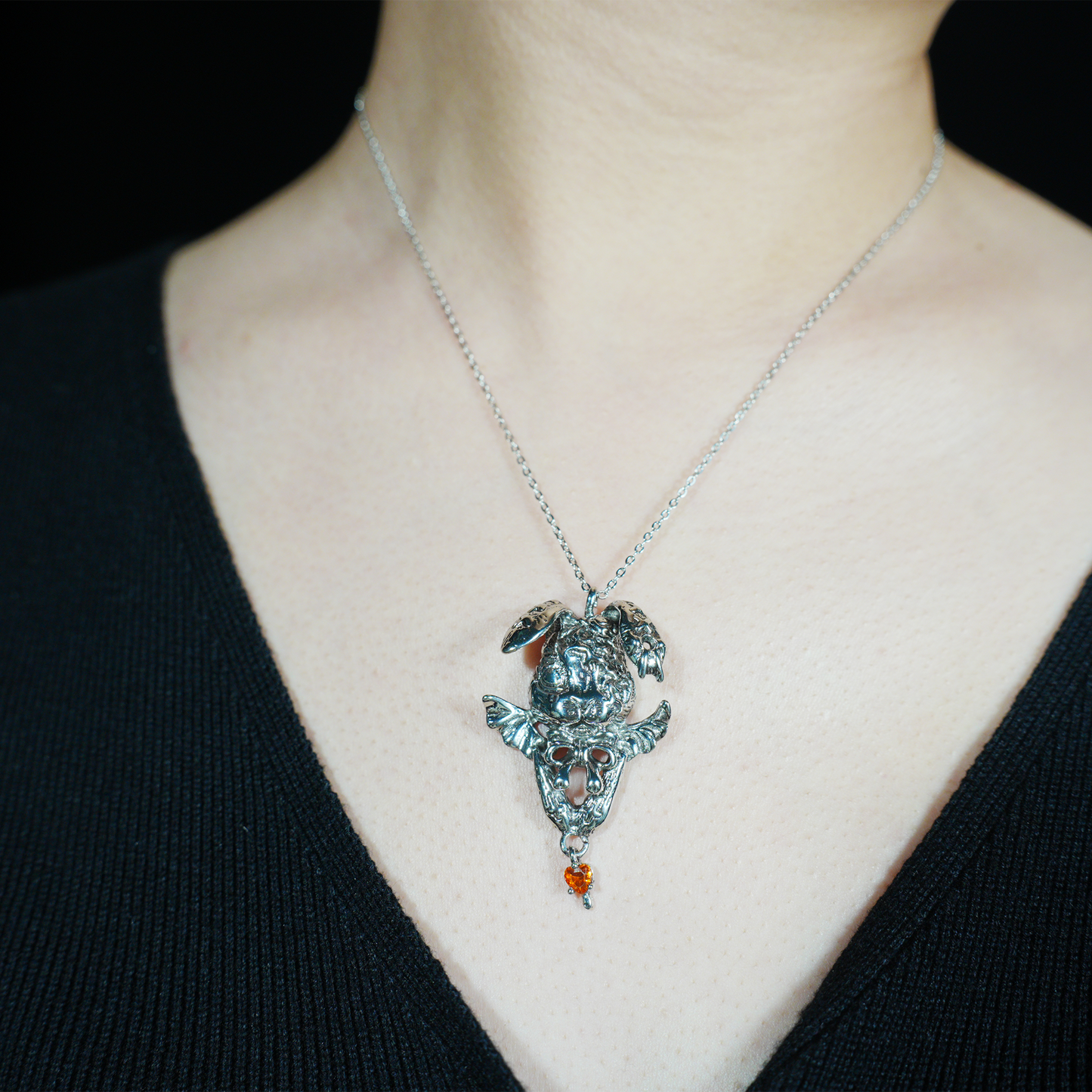 Gothic Winged Bunny Pendant, Orange Heart Gem Fantasy Rabbit Necklace, Gothic Animal Jewelry