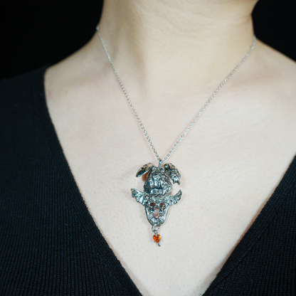 Gothic Winged Bunny Pendant, Orange Heart Gem Fantasy Rabbit Necklace, Gothic Animal Jewelry
