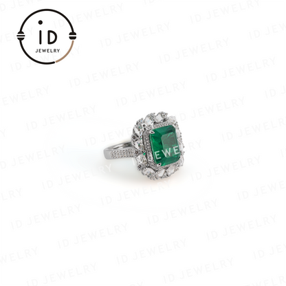 Rectangular Emerald Ring with Diamond Halo, Sterling Silver Ring, Lab-Created Emerald for Women, Anniversary Jewelry Gift