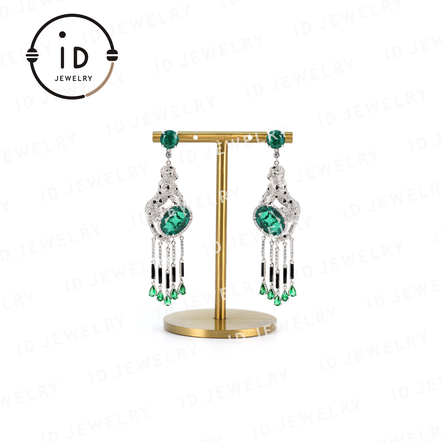 Leopard Emerald Earrings, Tassel Design Earrings, Luxury Sterling Silver Earrings