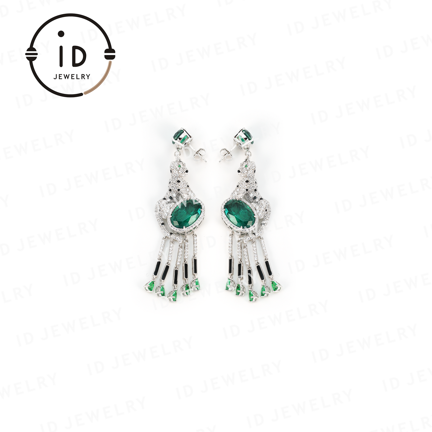 Leopard Emerald Earrings, Tassel Design Earrings, Luxury Sterling Silver Earrings