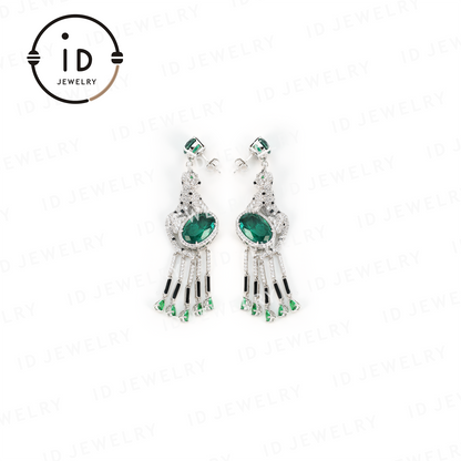 Leopard Emerald Earrings, Tassel Design Earrings, Luxury Sterling Silver Earrings