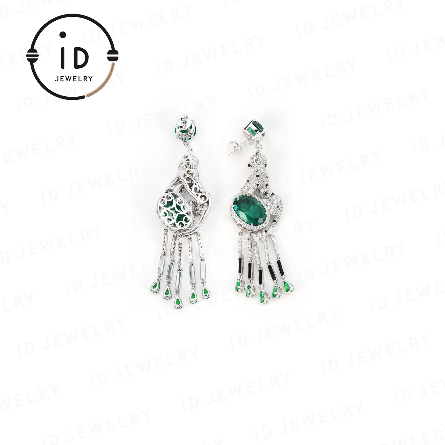 Leopard Emerald Earrings, Tassel Design Earrings, Luxury Sterling Silver Earrings