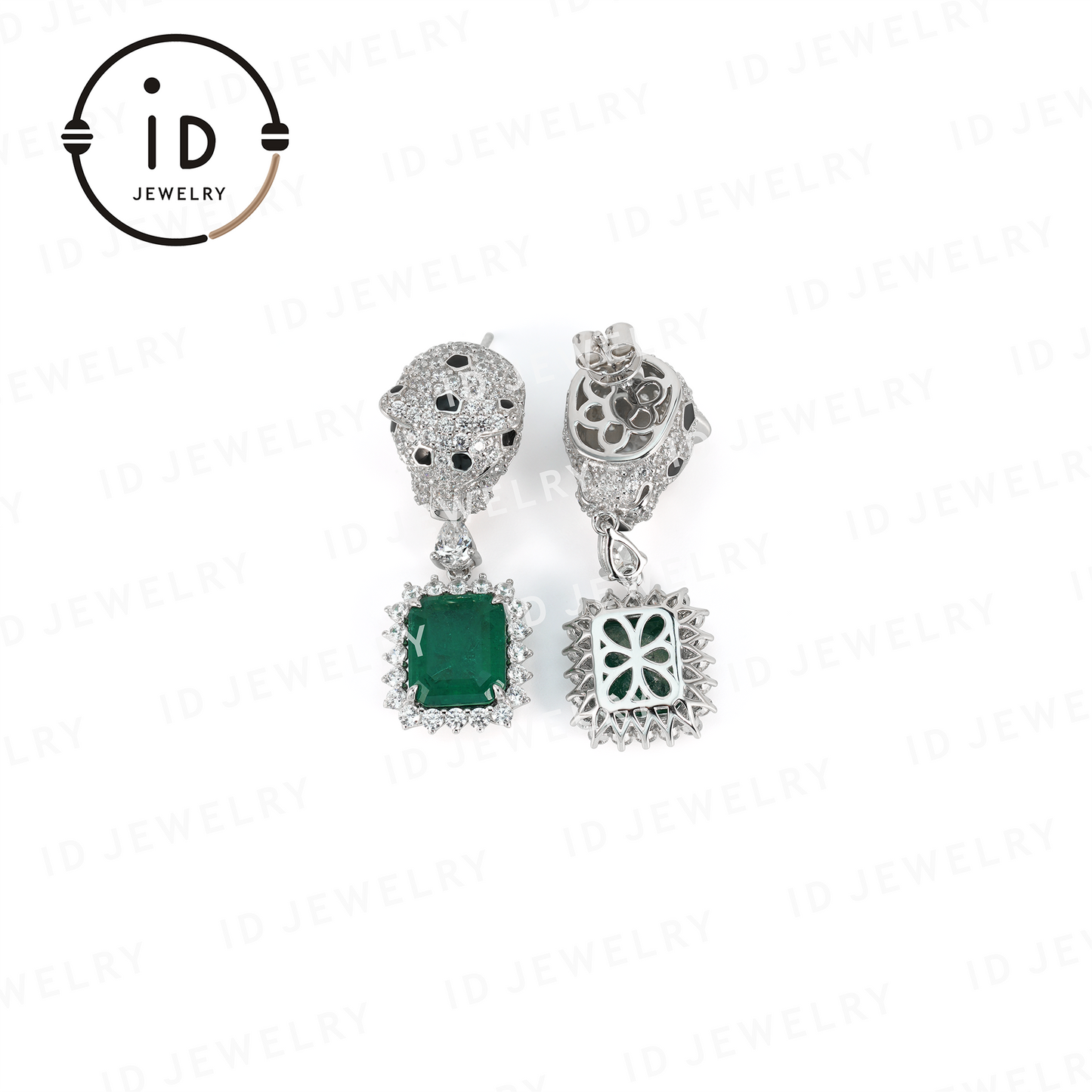 Leopard Head Emerald Earrings, Luxury Gemstone Drop Earrings, Animal Motif Jewelry, Gift for Her