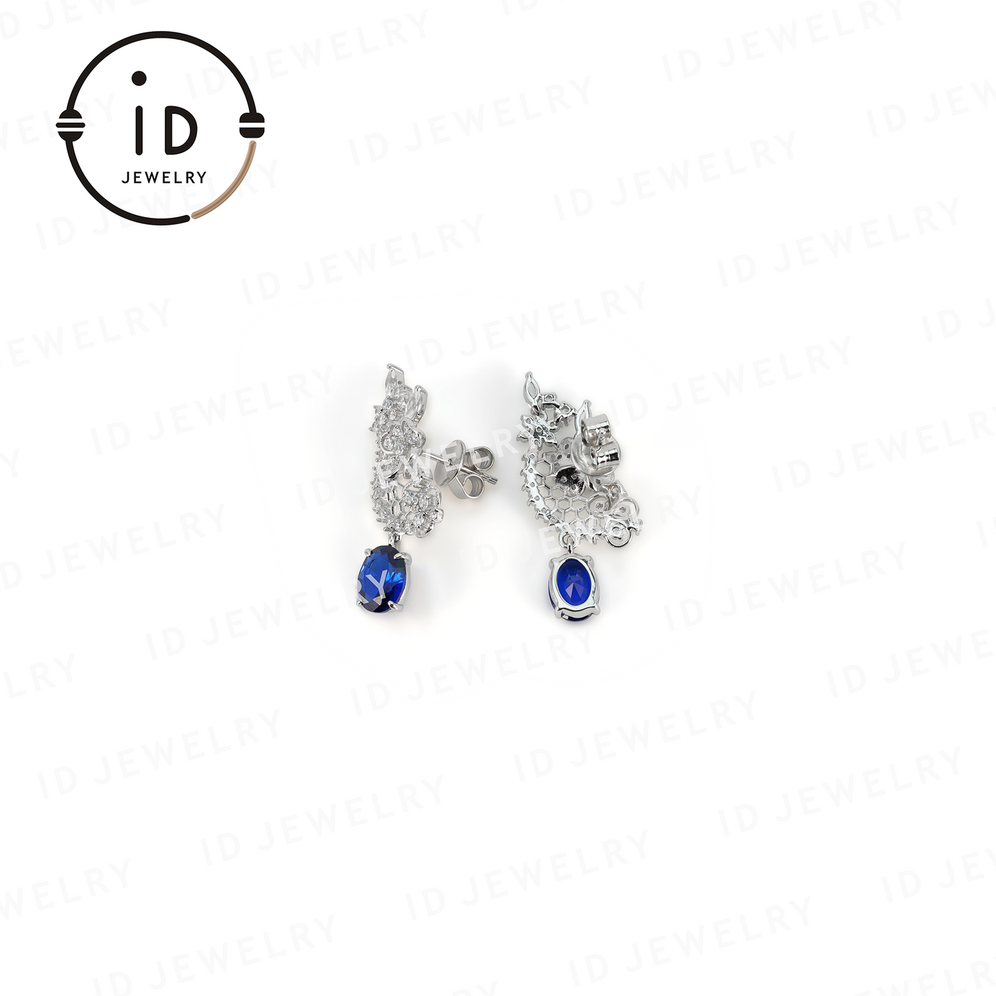 Luxury Sapphire Earrings in 925 Silver, Lace Design Earrings with Blue Gemstone, Wedding and Evening Jewelry