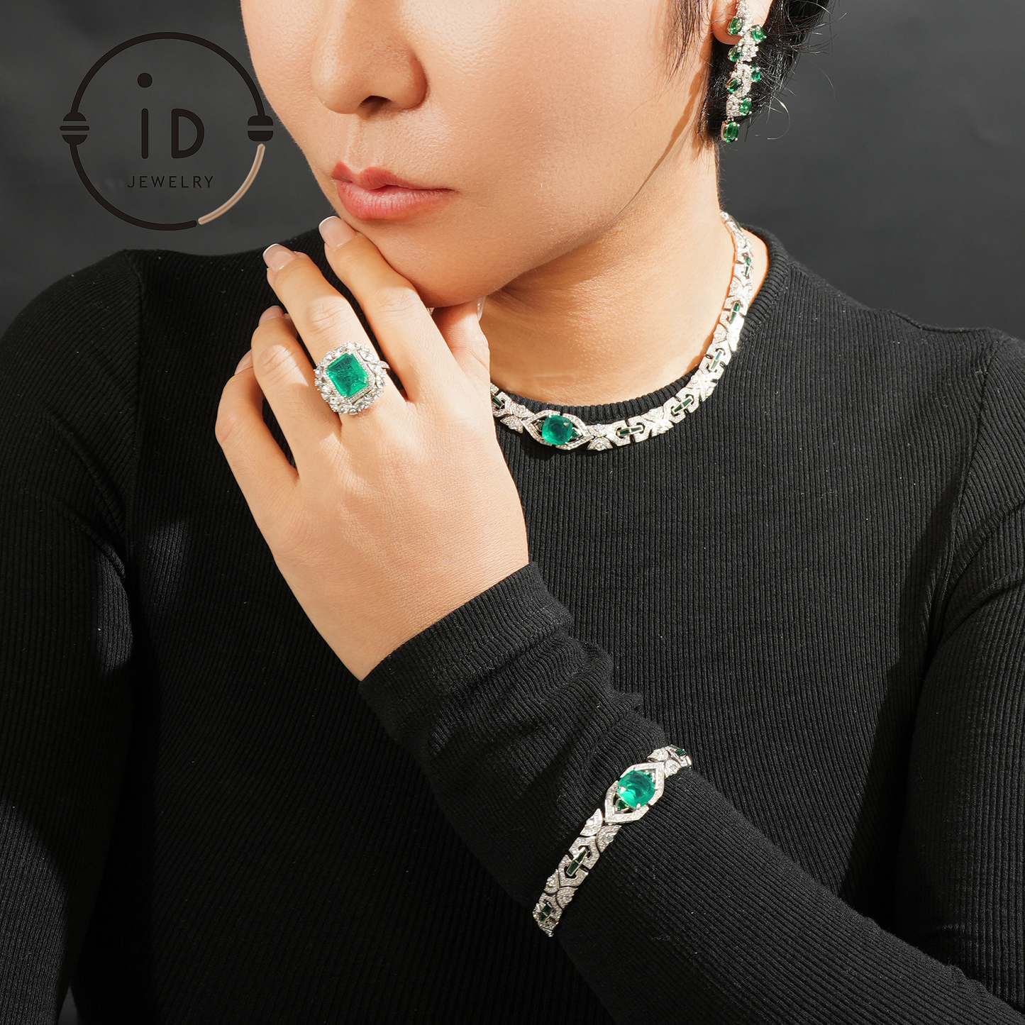Rectangular Emerald Ring with Diamond Halo, Sterling Silver Ring, Lab-Created Emerald for Women, Anniversary Jewelry Gift