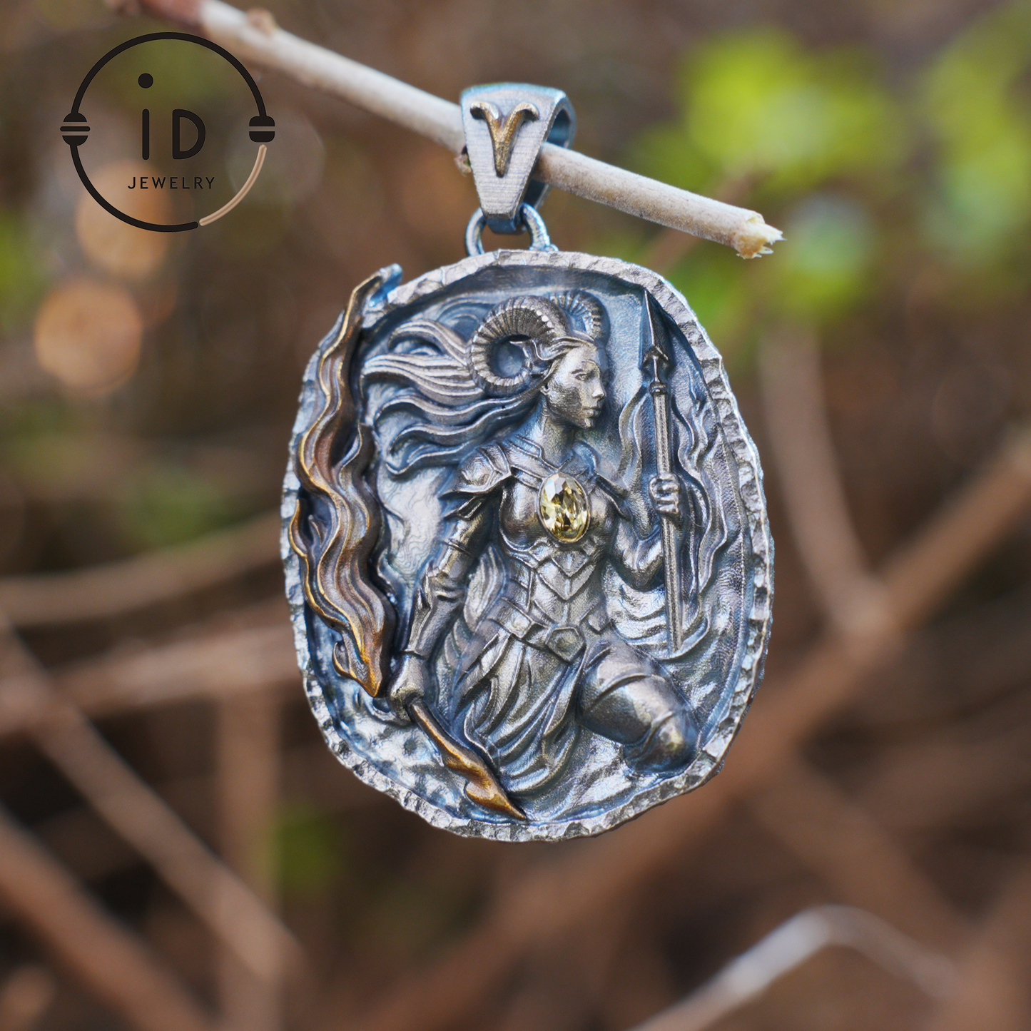 Aries Pendant in 925 Silver | Blue Enamel Medallion with Orange Zirconia | Handmade Zodiac Jewelry