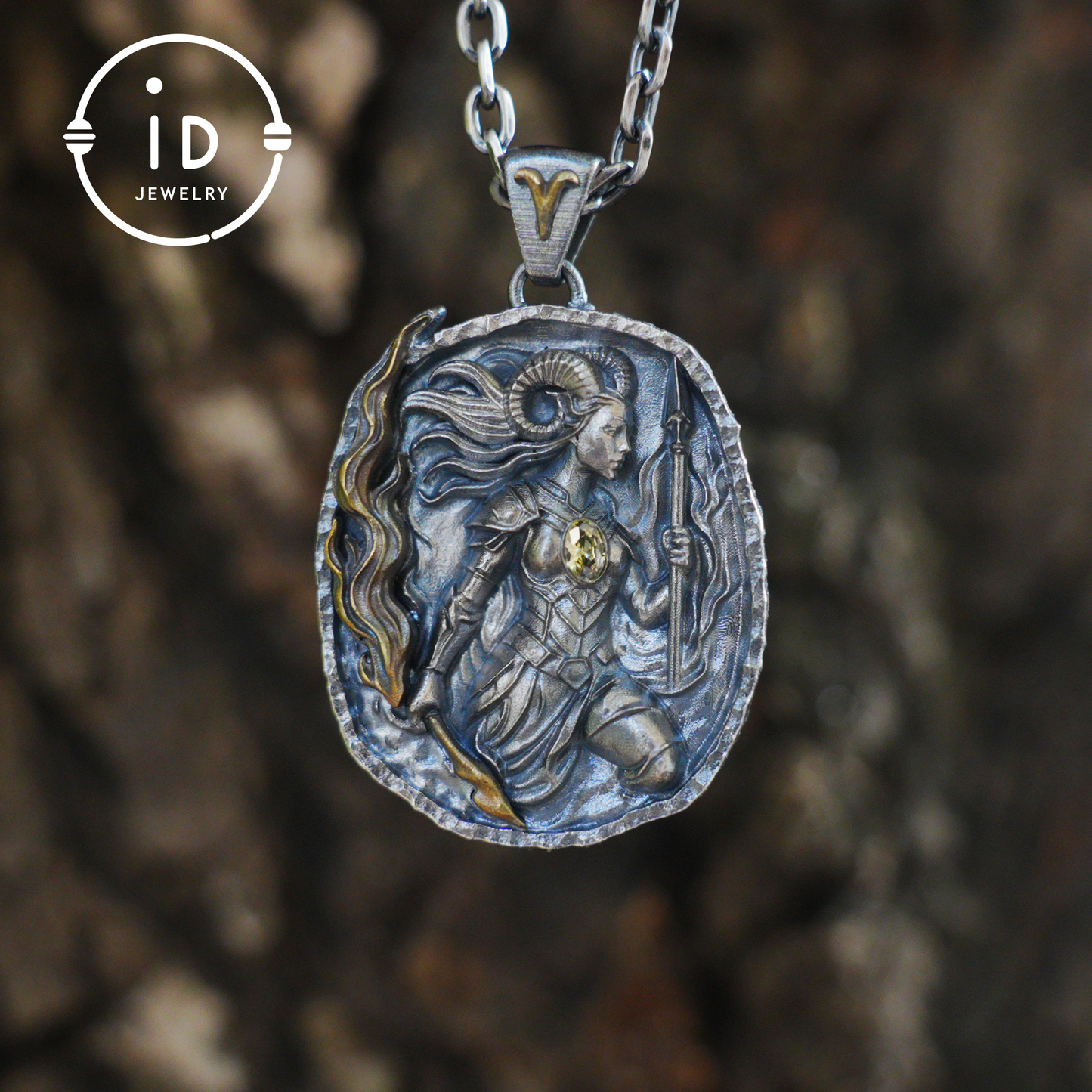 Aries Pendant in 925 Silver | Blue Enamel Medallion with Orange Zirconia | Handmade Zodiac Jewelry