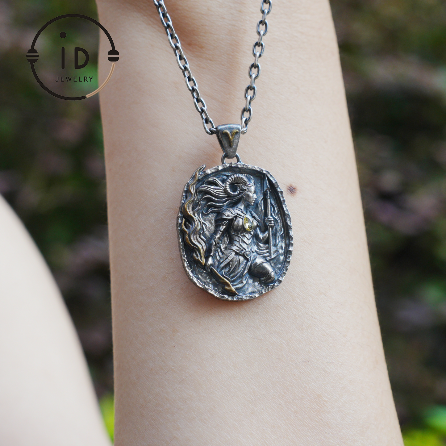 Aries Pendant in 925 Silver | Blue Enamel Medallion with Orange Zirconia | Handmade Zodiac Jewelry