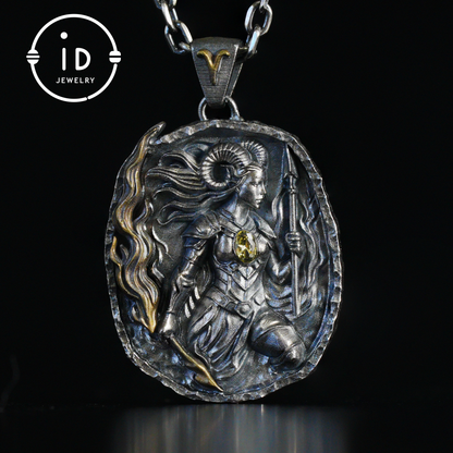 Aries Pendant in 925 Silver | Blue Enamel Medallion with Orange Zirconia | Handmade Zodiac Jewelry