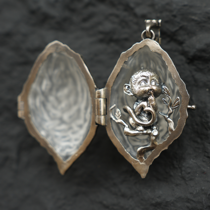 Crystal Peach Pendant | 925 Silver Monkey Spirit Amulet with Clear Quartz | Handmade Fantasy Jewelry