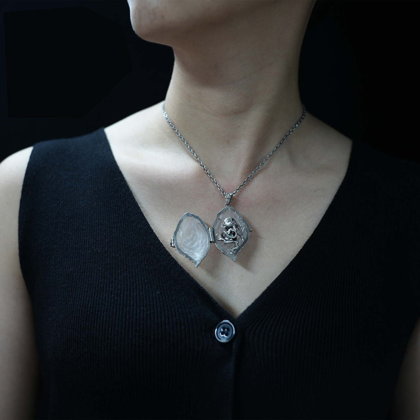 Crystal Peach Pendant | 925 Silver Monkey Spirit Amulet with Clear Quartz | Handmade Fantasy Jewelry