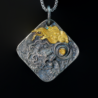 Chinese Dragon and Pearl Pendant Necklace | Eastern Amulet Symbol with Gold Cloud Motif