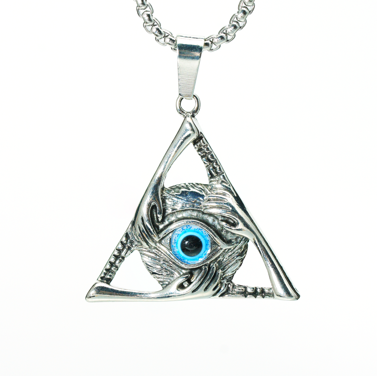 Halskette mit Dreiecksanhänger „Allsehendes Auge“ | Mystischer Amulettschmuck mit blauem Edelstein | Gotischer okkulter Unisex-Schutzanhänger