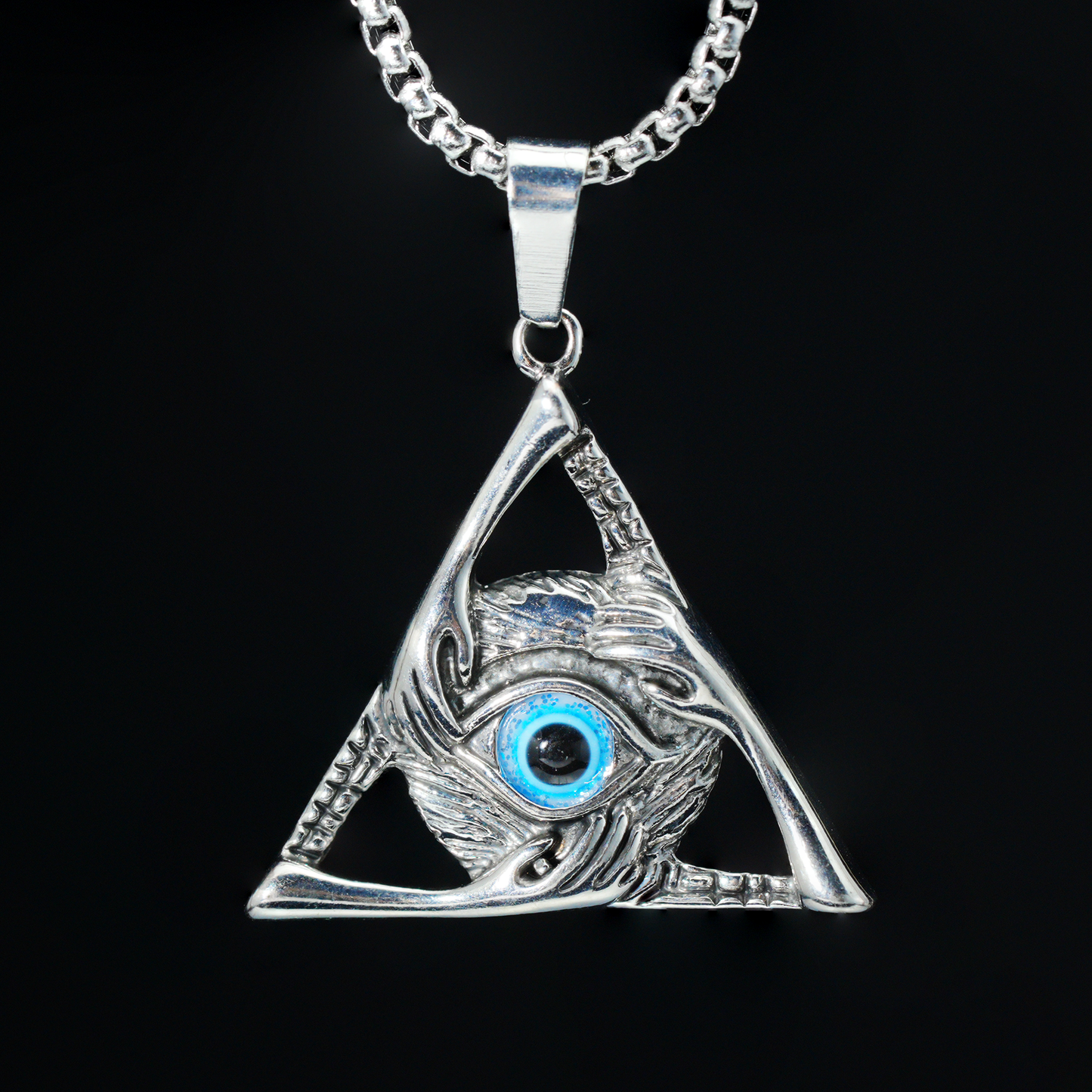 Halskette mit Dreiecksanhänger „Allsehendes Auge“ | Mystischer Amulettschmuck mit blauem Edelstein | Gotischer okkulter Unisex-Schutzanhänger