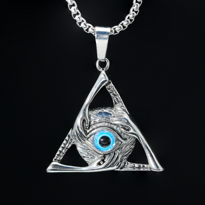 Halskette mit Dreiecksanhänger „Allsehendes Auge“ | Mystischer Amulettschmuck mit blauem Edelstein | Gotischer okkulter Unisex-Schutzanhänger