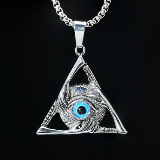 All-Seeing Eye Triangle Pendant Necklace | Mystic Amulet Jewelry with Blue Gem | Gothic Occult Unisex Protection Charm
