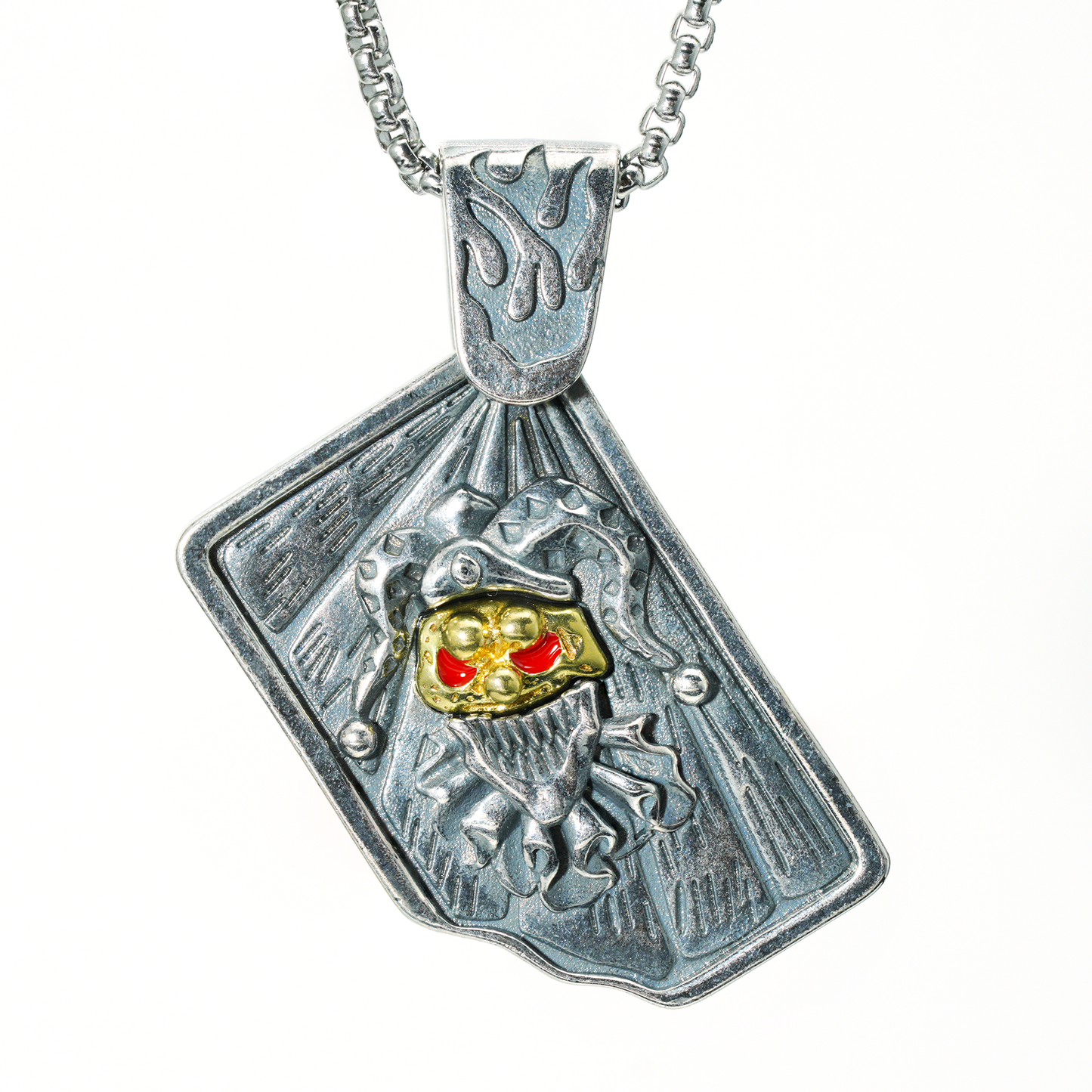 Halskette mit Narren-Totenkopf-Anhänger | Gothic-Punk-Schmuck mit goldenen und roten Akzenten | Dunkles Totem-Accessoire für Männer und Frauen