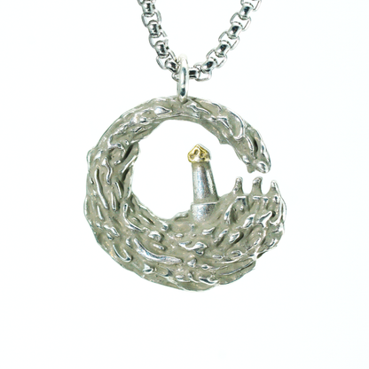 Lighthouse in Wave Pendant Necklace | Ocean Symbol Jewelry | Minimalist Nautical Unisex Accessory with Gold Accent