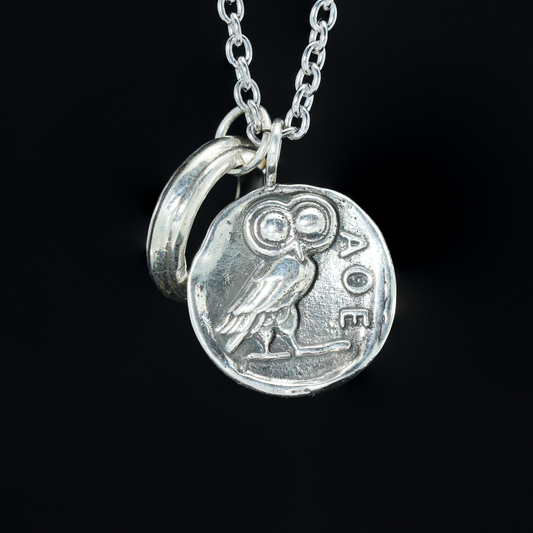 Greek Owl Coin Pendant Necklace | Wisdom Totem Jewelry | Antique Athenian Style Unisex Necklace for Everyday Wear