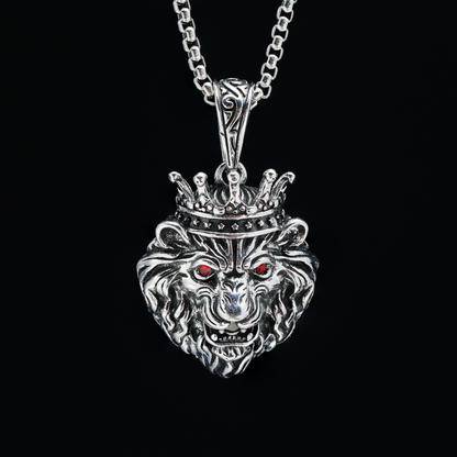 Halskette mit gekröntem Löwenkopf-Anhänger | Vintage-Schmuck mit roten Augen | Auffälliges Gothic-Unisex-Statement