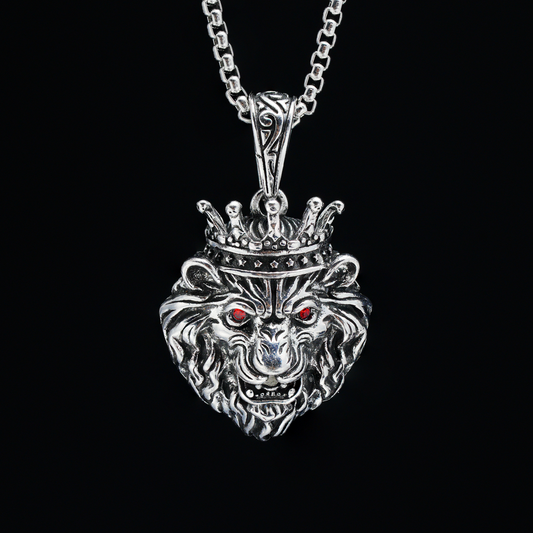Crowned Lion Head Pendant Necklace | Vintage Jewelry with Red Eyes | Bold Gothic Unisex Statement