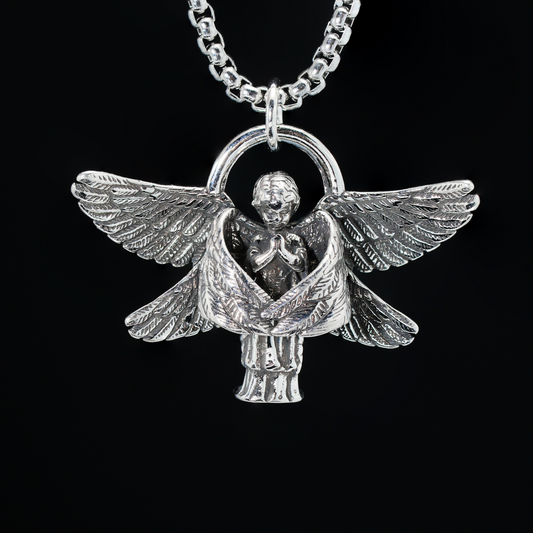 Praying Angel Pendant Necklace – Gothic Guardian Jewelry for Men & Women, Angel Charm with Open Wings, Spiritual Gift