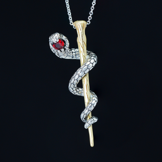 Awakening Serpent Pendant – Wand-Shaped Snake Necklace with Red Gem Eye | Gothic Talisman Jewelry