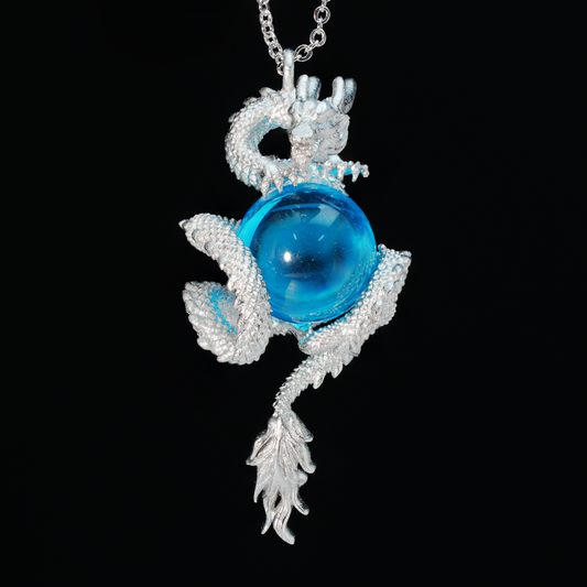Oriental Dragon Totem Necklace – Coiled Dragon Pendant with Blue Energy Orb, Myth-Inspired Unisex Gift Jewelry