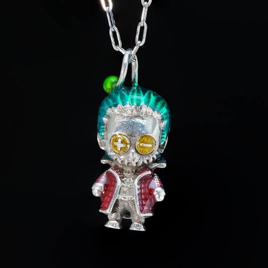 Chibi Mischief Doll Pendant Necklace, Green Hair Clown-Inspired Charm, Bold Punk Street Style Jewelry for Cosplay Lovers