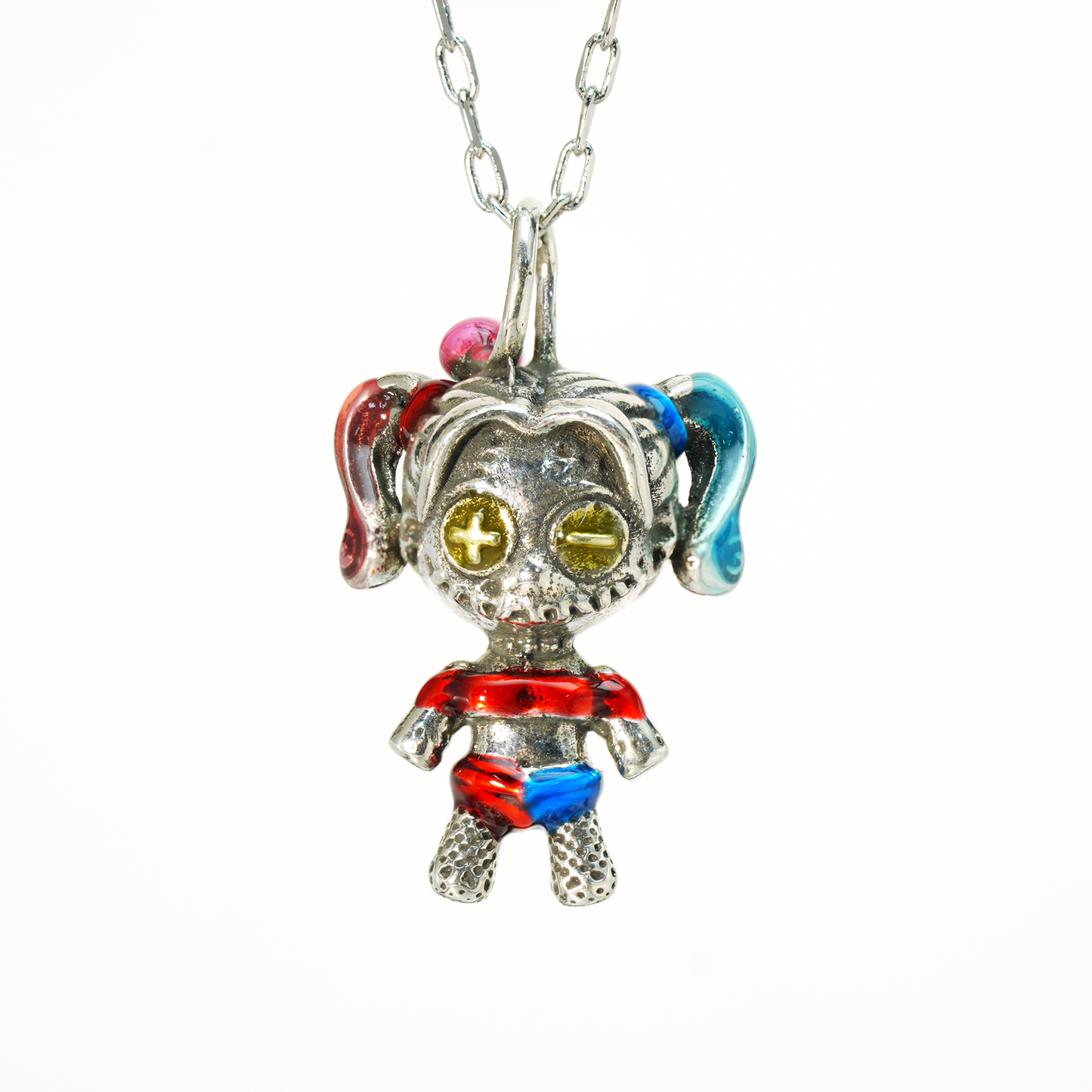 Halskette mit Anhänger „Punk Doll Girl“, süßer Cosplay-Stil, rote und blaue Haare, Knopfaugen, handgefertigter Schmuck aus Legierung
