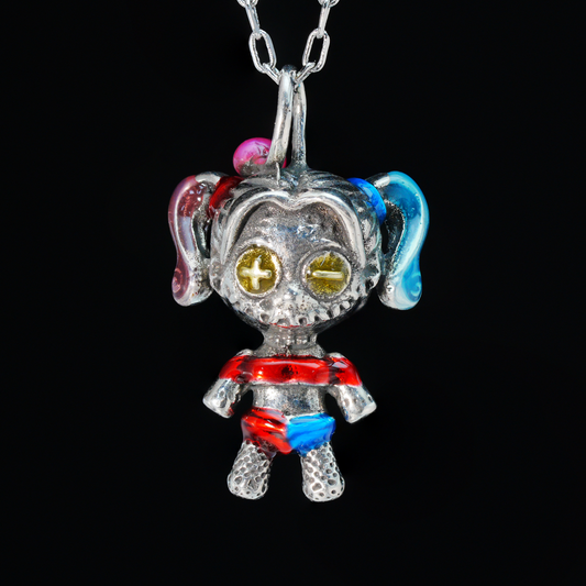 Punk Doll Girl Pendant Necklace, Cute Cosplay Style, Red & Blue Hair, Button Eyes, Handmade Alloy Jewelry